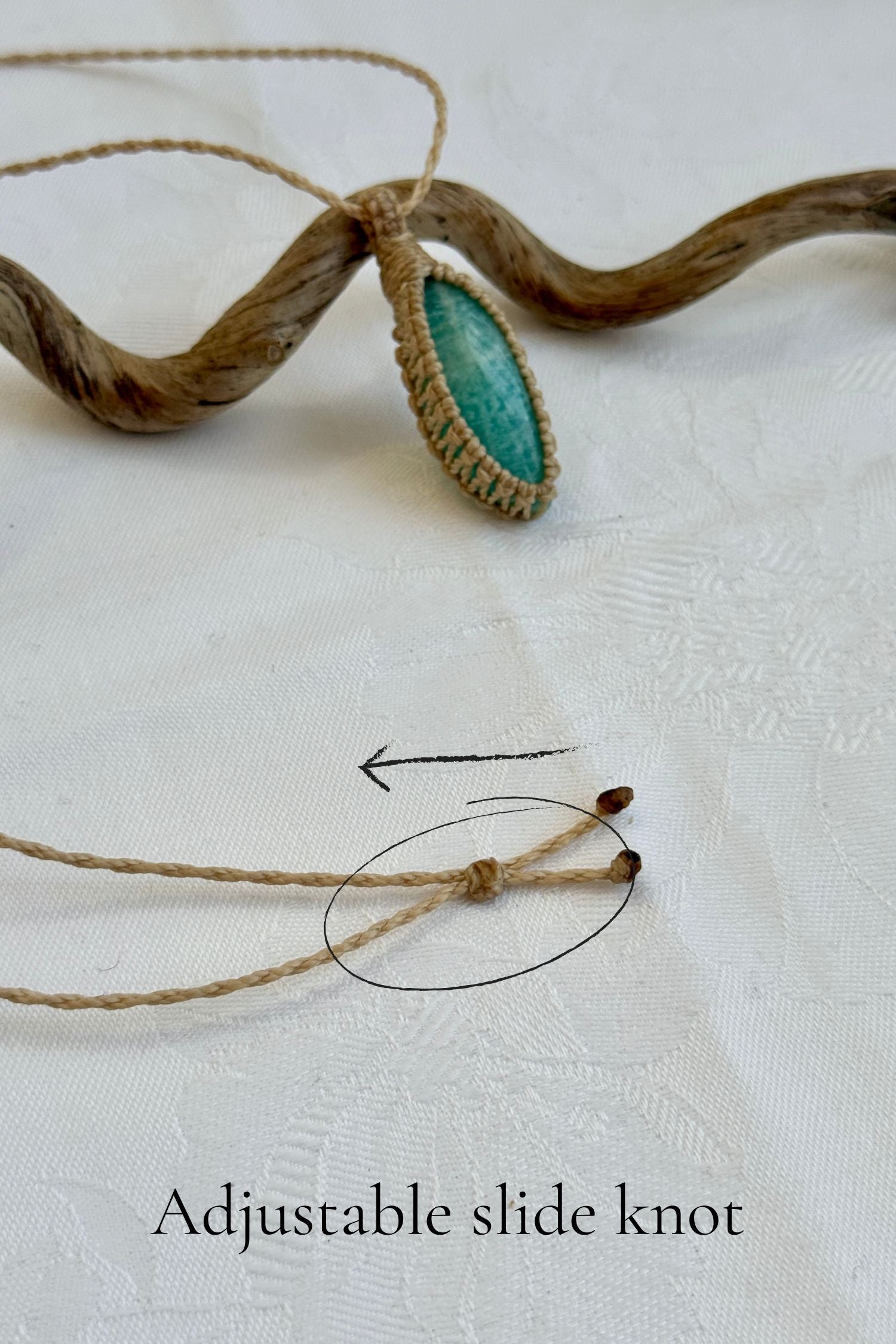 Close-up of the adjustable sliding knot on the Amazonite Macrame necklace, allowing for an easy and customizable fit for any wearer.