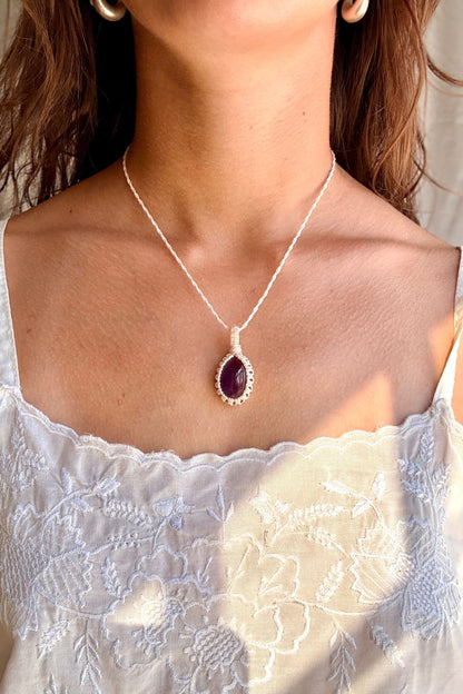 Model wearing a handmade Amethyst macramé necklace, delicate everyday jewelry