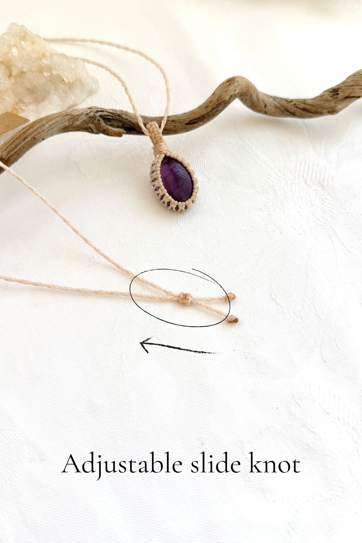 Handmade Amethyst macramé necklace with adjustable slide knot, versatile necklace sizing