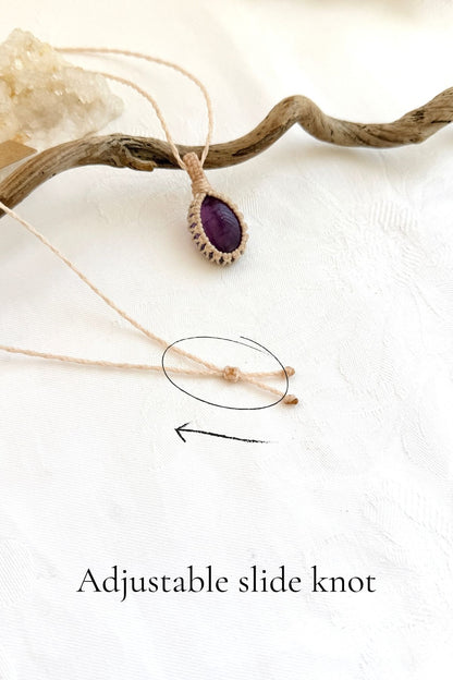Handmade Amethyst macramé necklace with adjustable slide knot, versatile necklace sizing