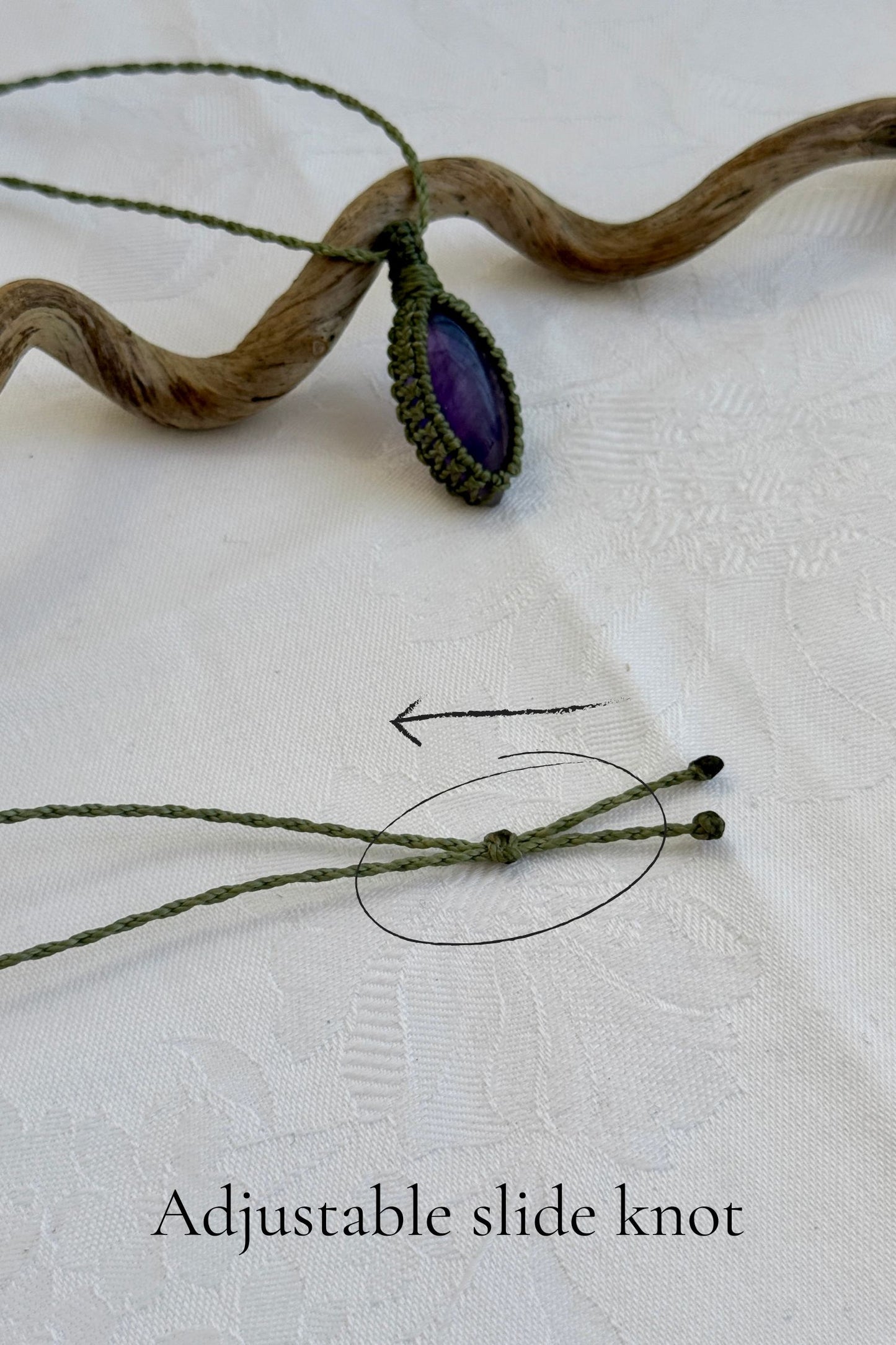 Close-up of the adjustable sliding knot on the Amethyst Macrame necklace, allowing for an easy and customizable fit for any wearer.