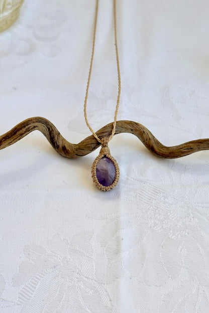 Handmade Ametrine Macrame necklace featuring a high-quality gemstone, laid flat to showcase its delicate everyday-wear design from the Essence collection.