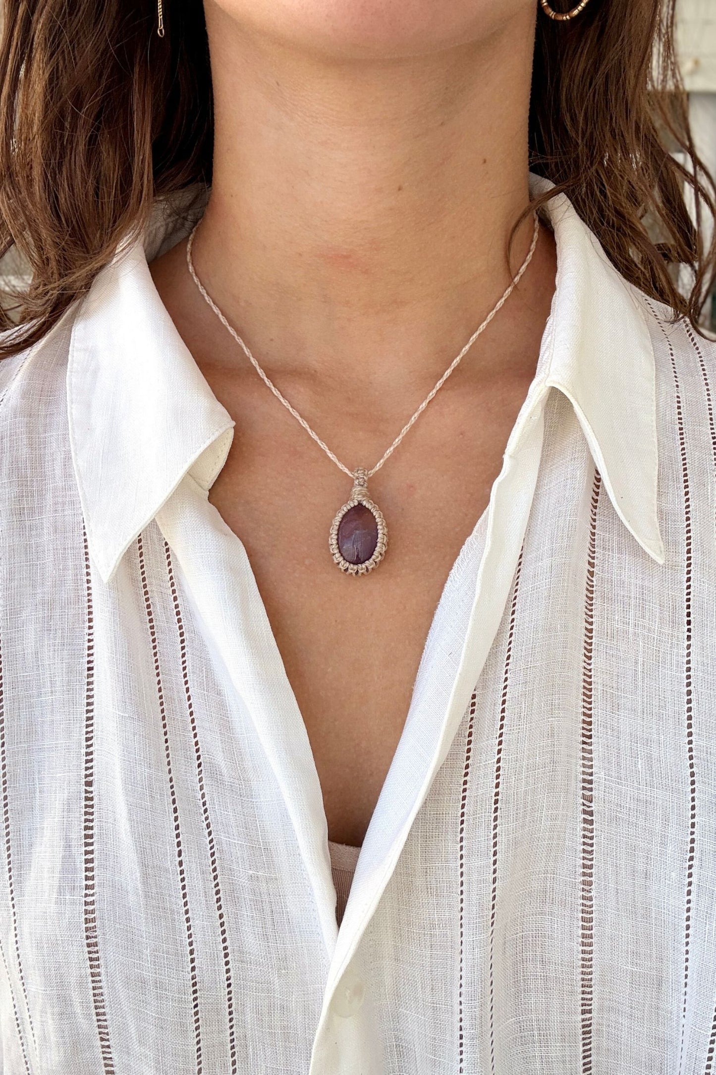Model wearing a delicate handmade Ametrine macrame necklace with a beige cord, perfect for everyday wear.