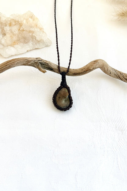 Handmade Ammonite macramé necklace, front view of natural fossil pendant