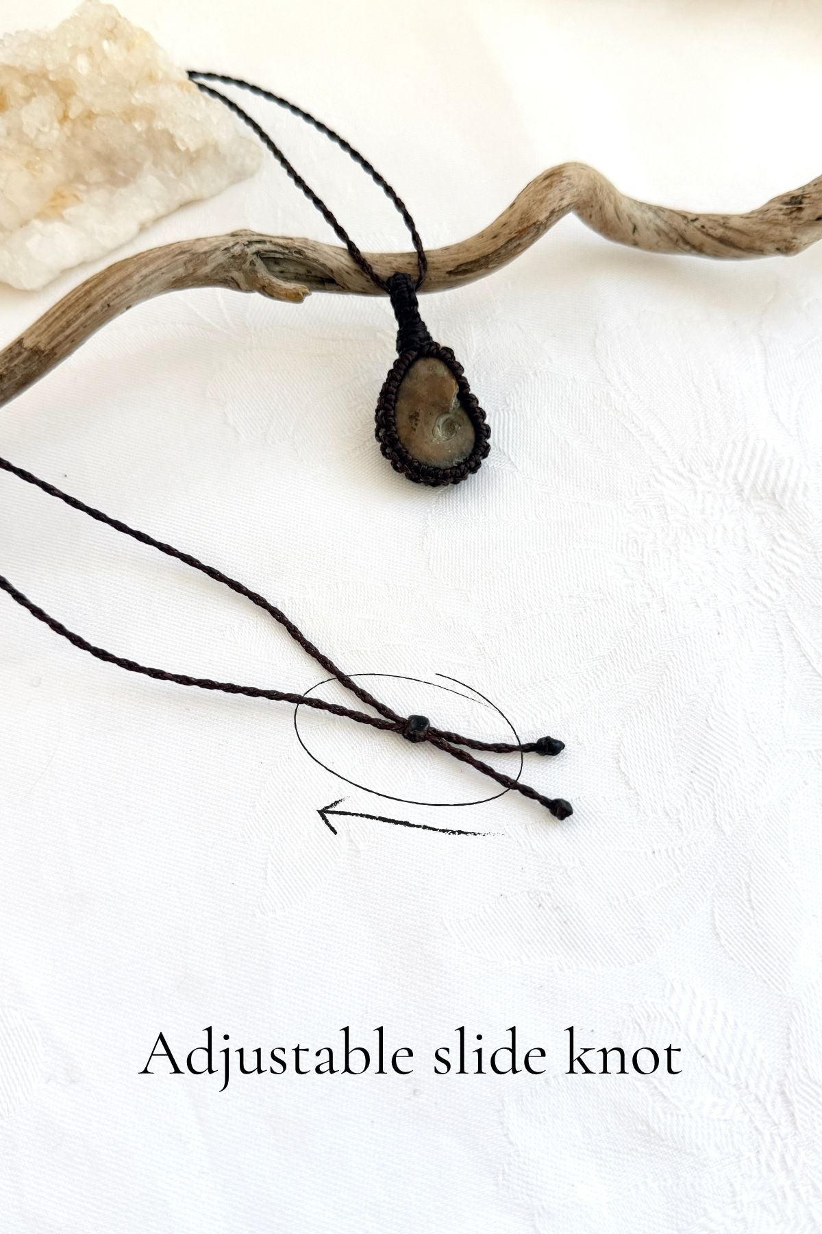 Handmade Ammonite macramé necklace with adjustable slide knot, versatile necklace sizing