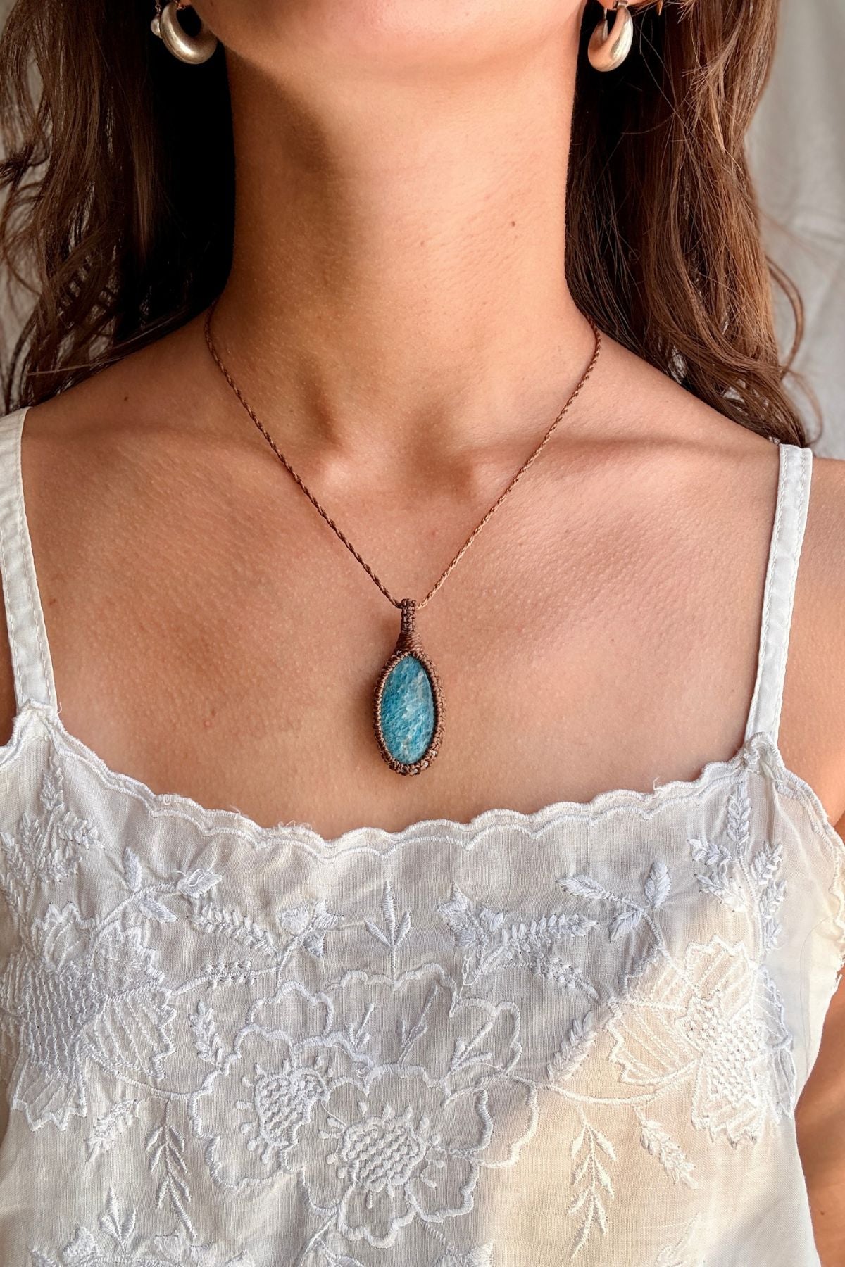 Model wearing a handmade Apatite macramé necklace, delicate everyday jewelry