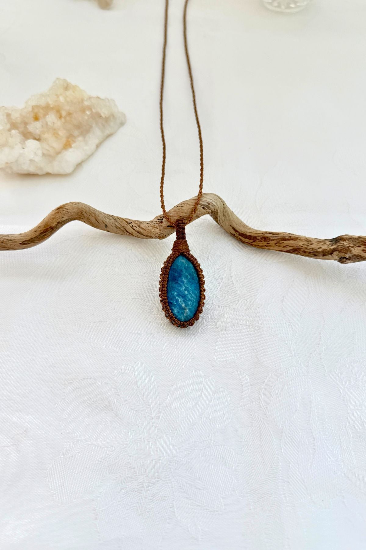 Handmade Apatite macramé necklace, front view of natural gemstone pendant