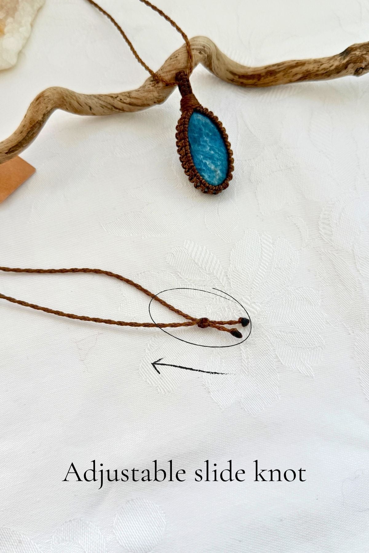 Handmade Apatite macramé necklace with adjustable slide knot, versatile necklace sizing