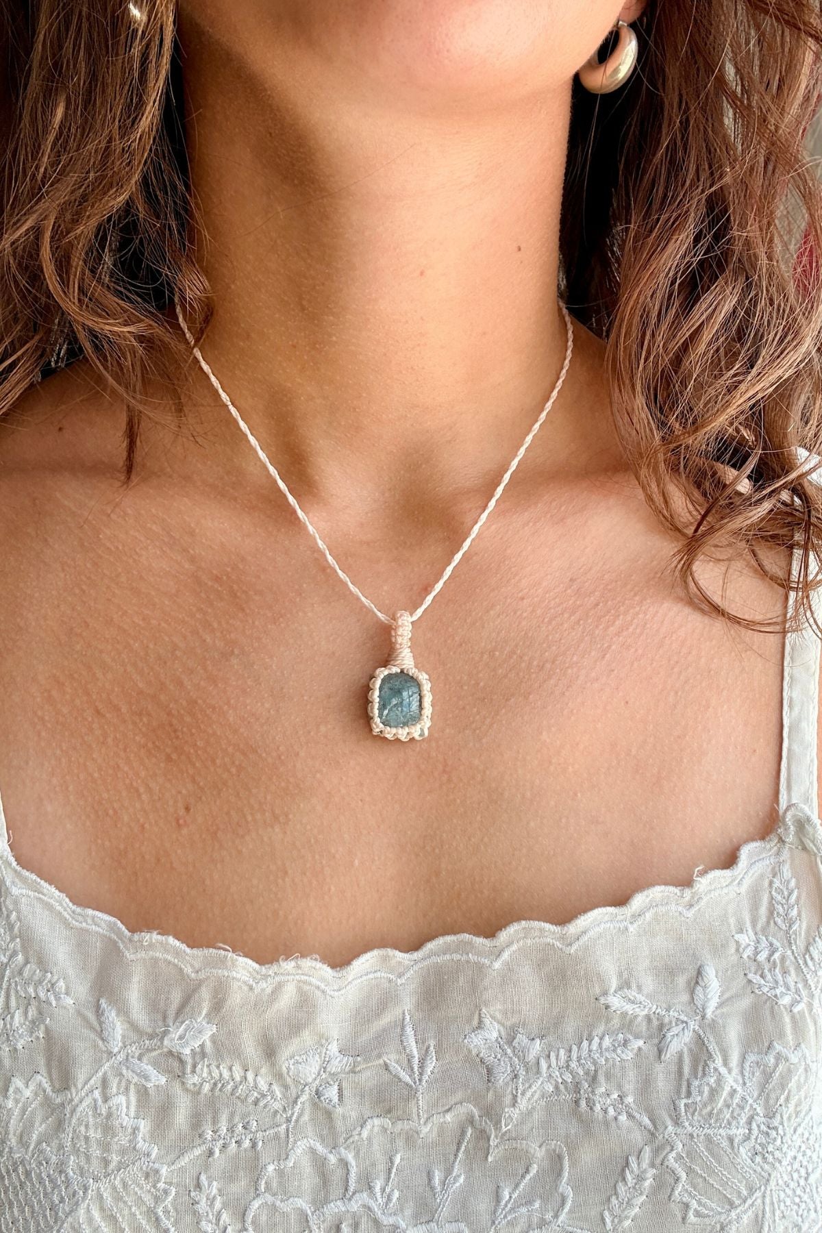Model wearing a handmade Aquamarine macramé necklace, delicate everyday jewelry