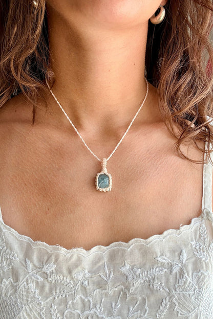 Model wearing a handmade Aquamarine macramé necklace, delicate everyday jewelry