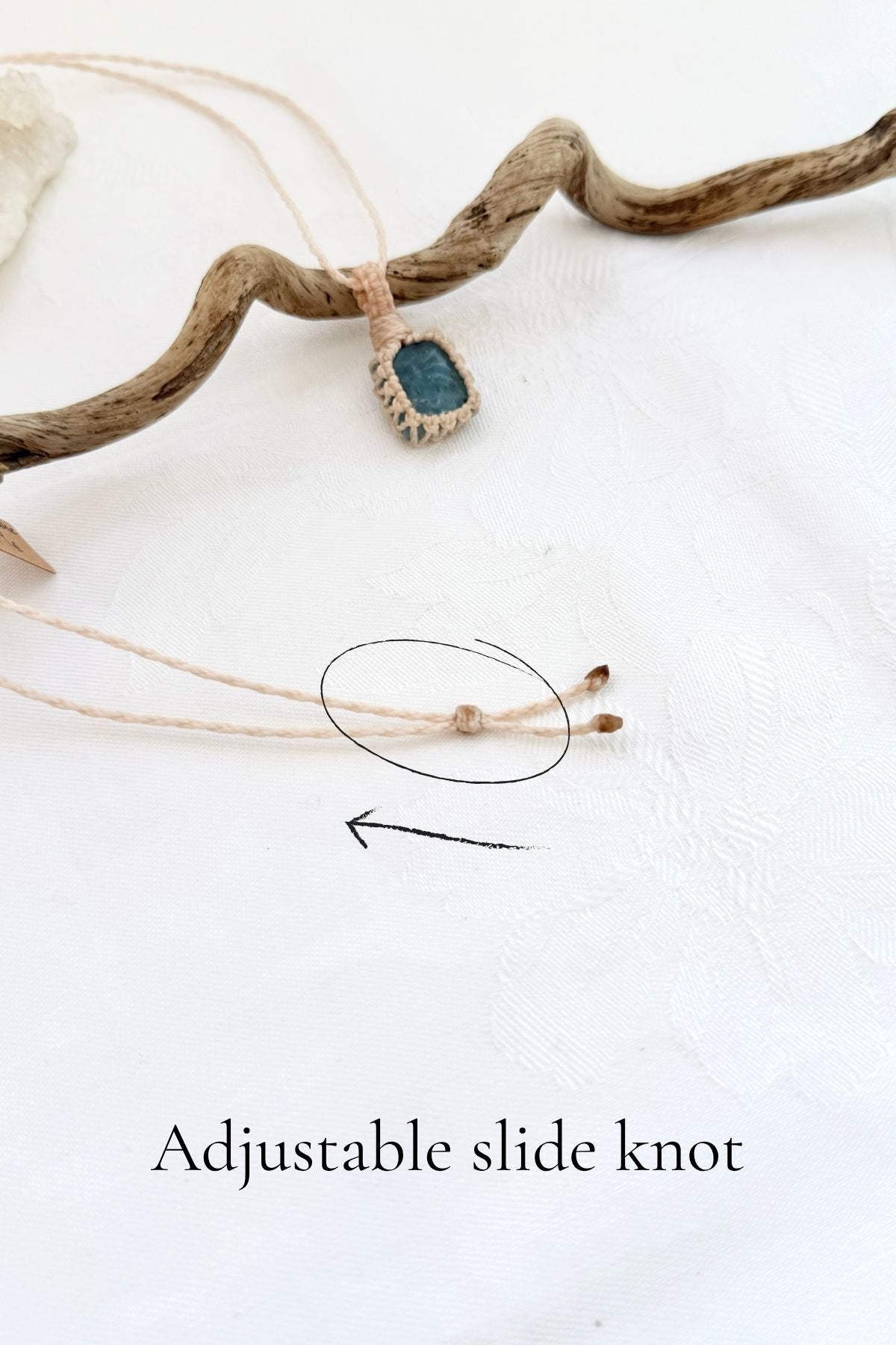 Handmade Aquamarine macramé necklace with adjustable slide knot, versatile necklace sizing