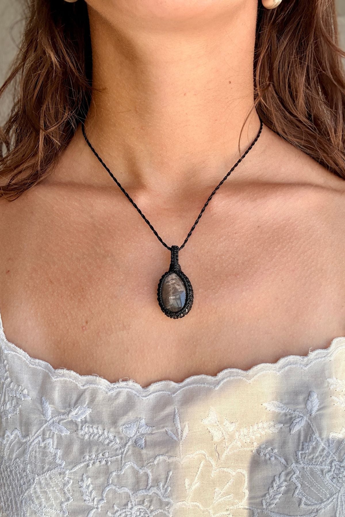 Model wearing a handmade Black Moonstone macramé necklace, delicate everyday jewelry