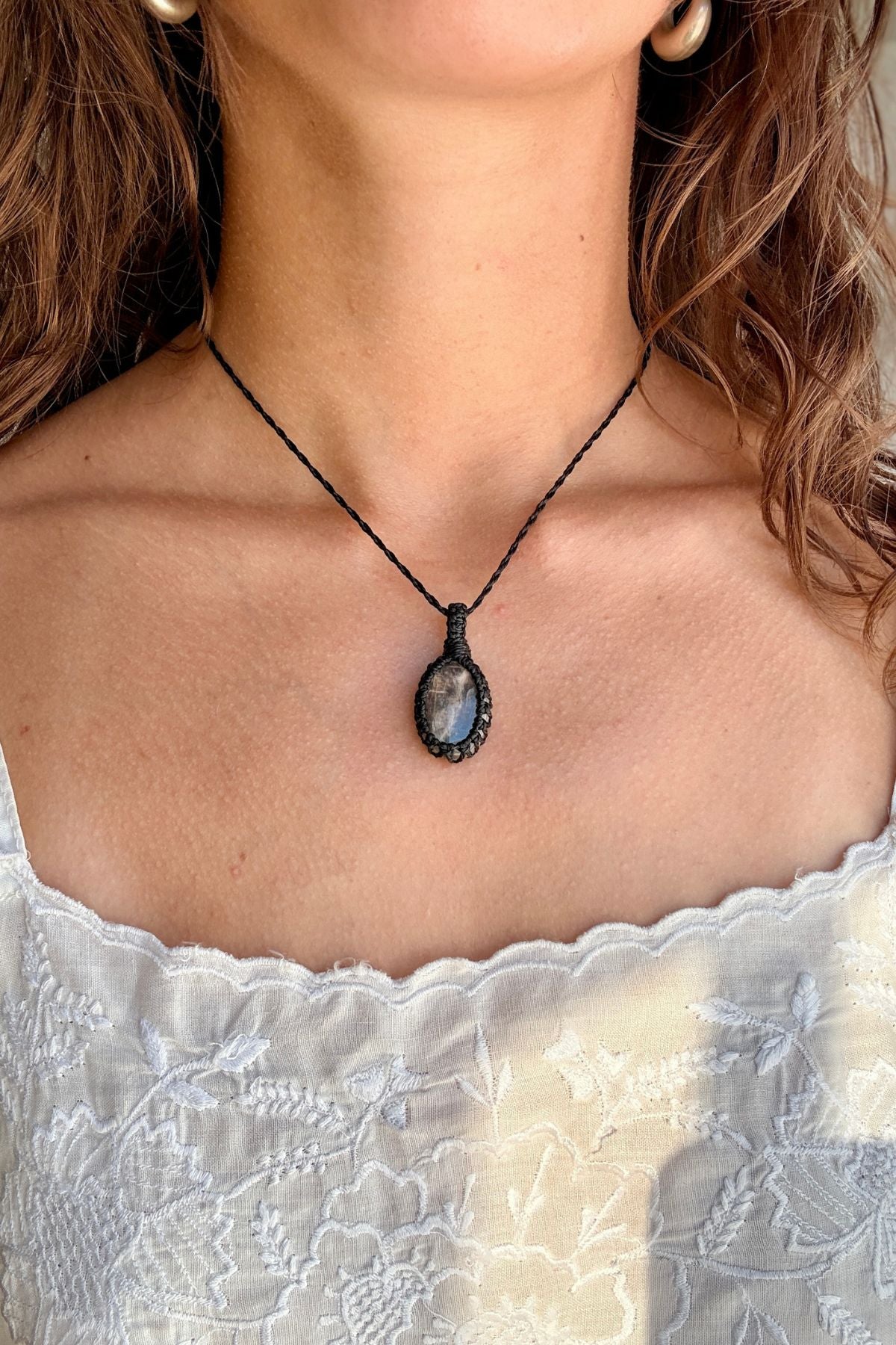 Model wearing a handmade Black Moonstone macramé necklace, delicate everyday jewelry