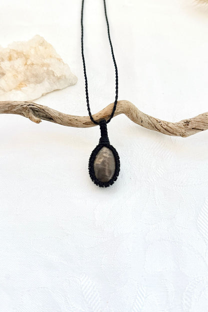Handmade Black Moonstone macramé necklace, front view of natural gemstone pendant