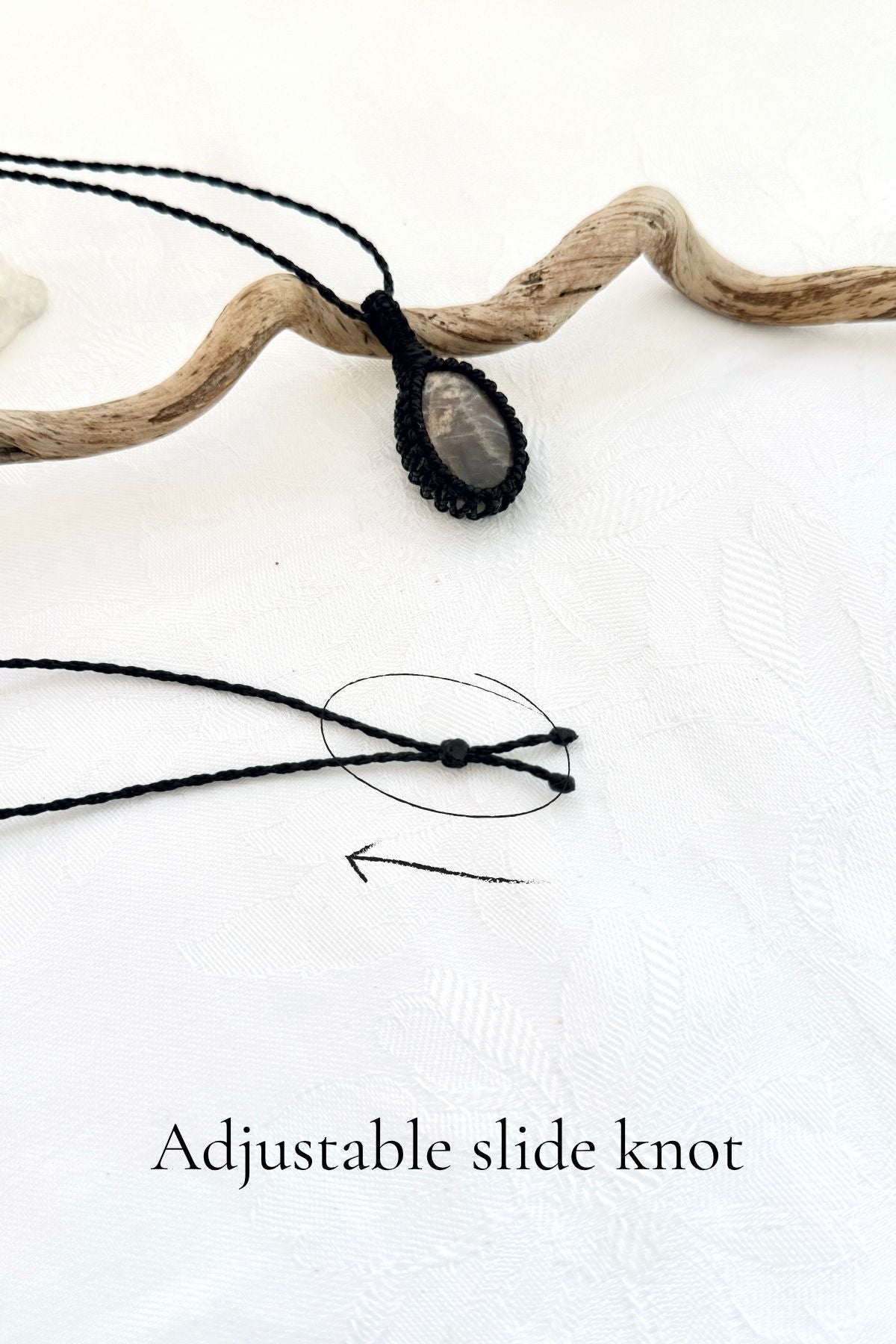 Handmade Black Moonstone macramé necklace with adjustable slide knot, versatile necklace sizing
