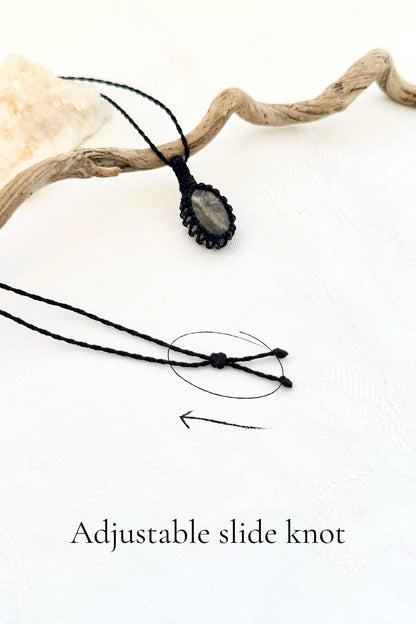Handmade Black Moonstone macramé necklace with adjustable slide knot, versatile necklace sizing