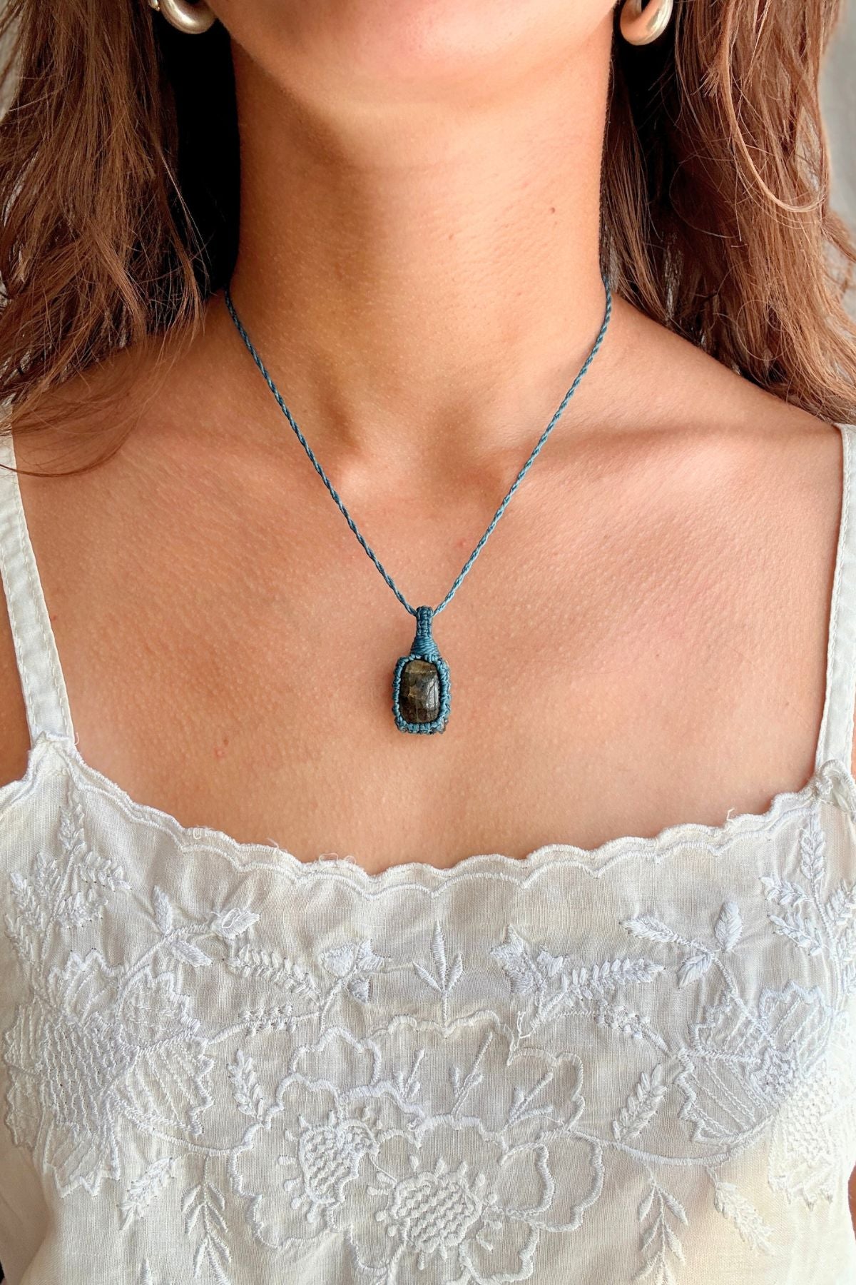 Model wearing a handmade Labradorite macramé necklace, delicate everyday jewelry