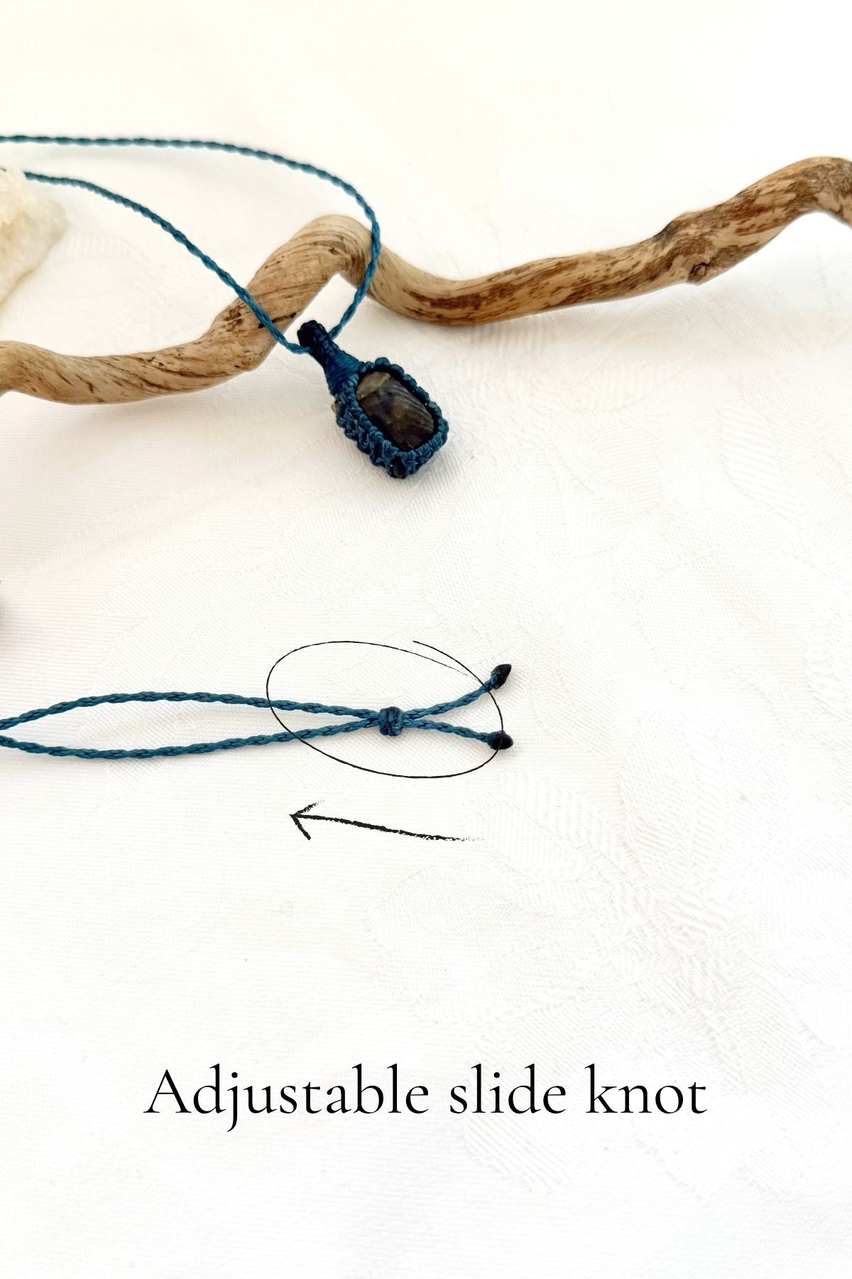 Handmade Labradorite macramé necklace with adjustable slide knot, versatile necklace sizing