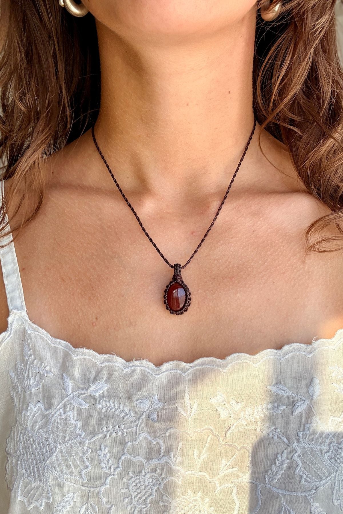 Model wearing a handmade Carnelian macramé necklace, delicate everyday jewelry