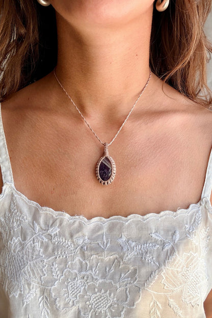 Model wearing a handmade Chevron Amethyst macramé necklace, delicate everyday jewelry