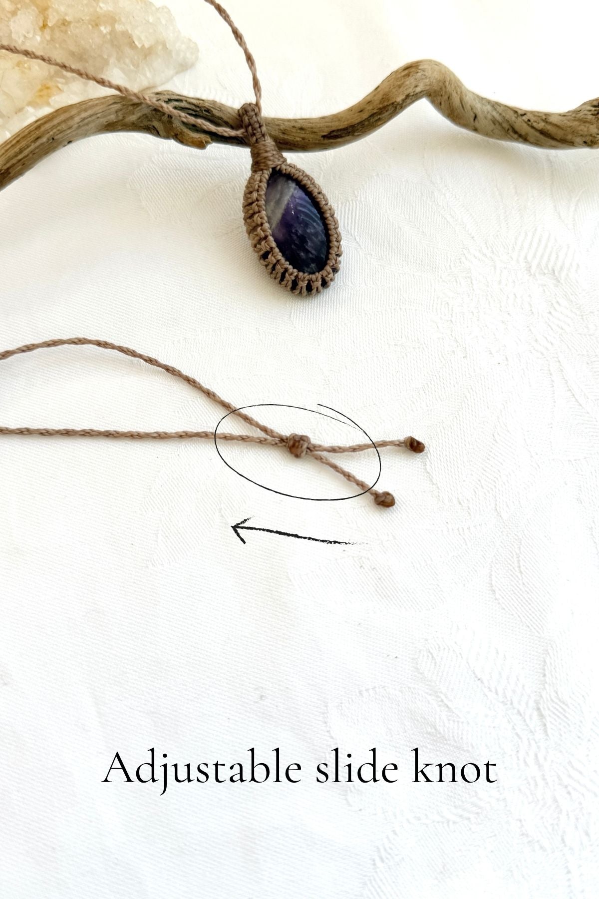 Handmade Chevron Amethyst macramé necklace with adjustable slide knot, versatile necklace sizing
