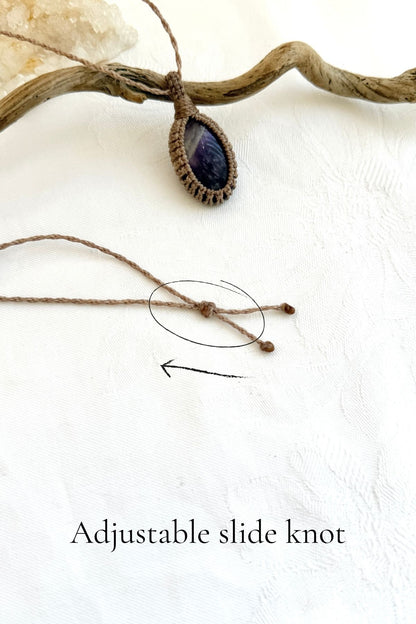 Handmade Chevron Amethyst macramé necklace with adjustable slide knot, versatile necklace sizing
