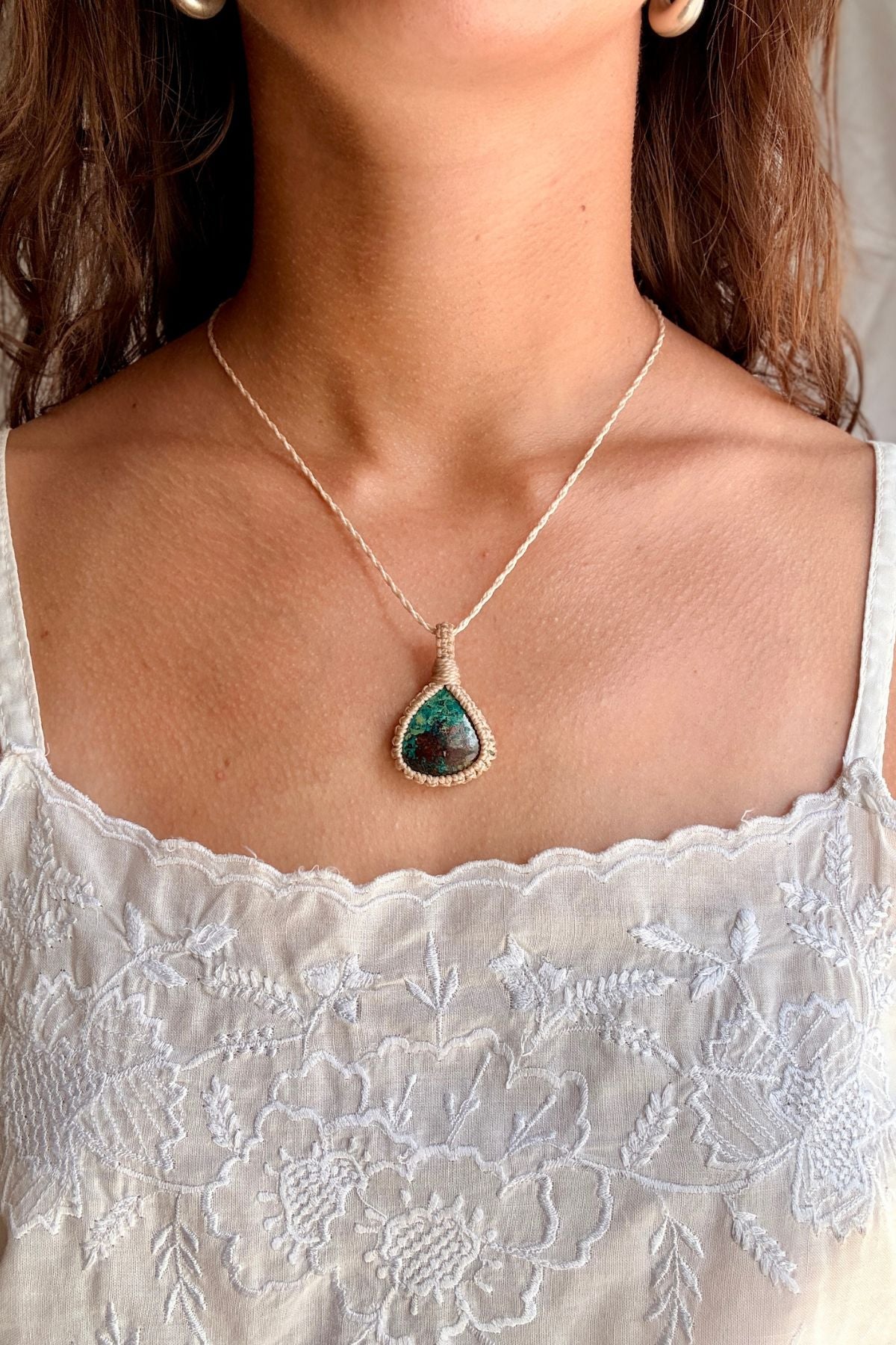 Model wearing a handmade Chrysocolla macramé necklace, delicate everyday jewelry