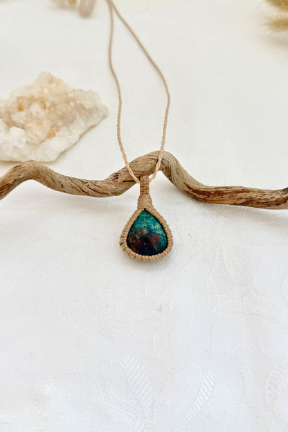 Handmade Chrysocolla macramé necklace, front view of natural gemstone pendant