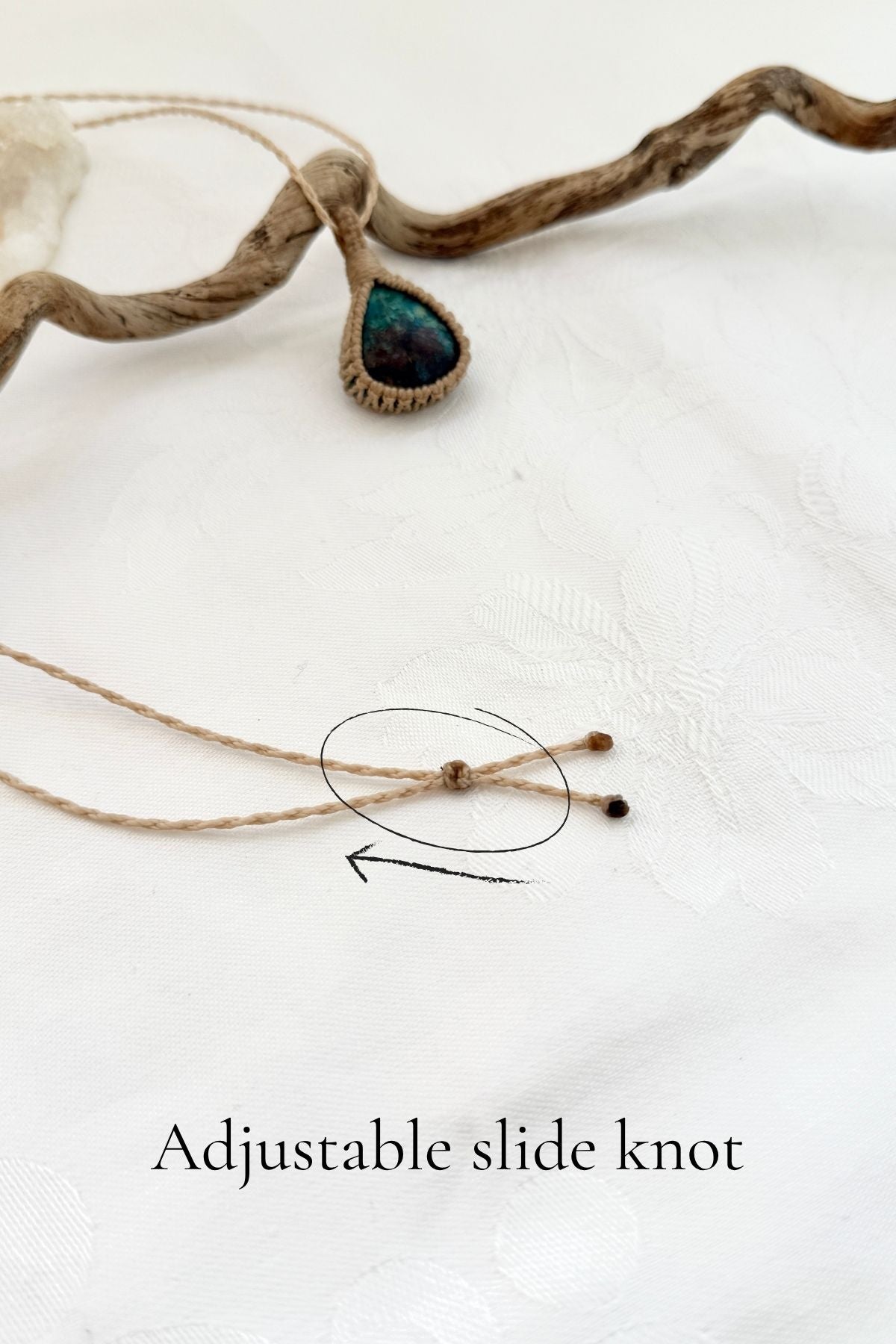 Handmade Chrysocolla macramé necklace with adjustable slide knot, versatile necklace sizing