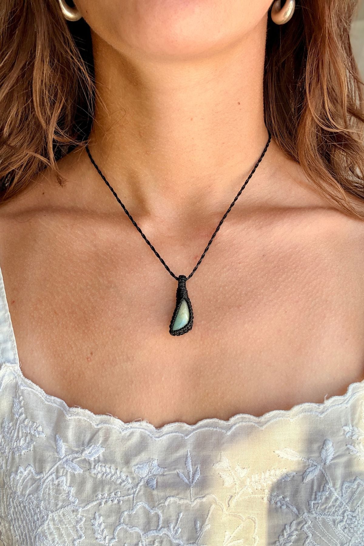 Model wearing a handmade Chrysoprase macramé necklace, delicate everyday jewelry