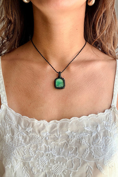 Model wearing a handmade Chrysoprase macramé necklace, delicate everyday jewelry