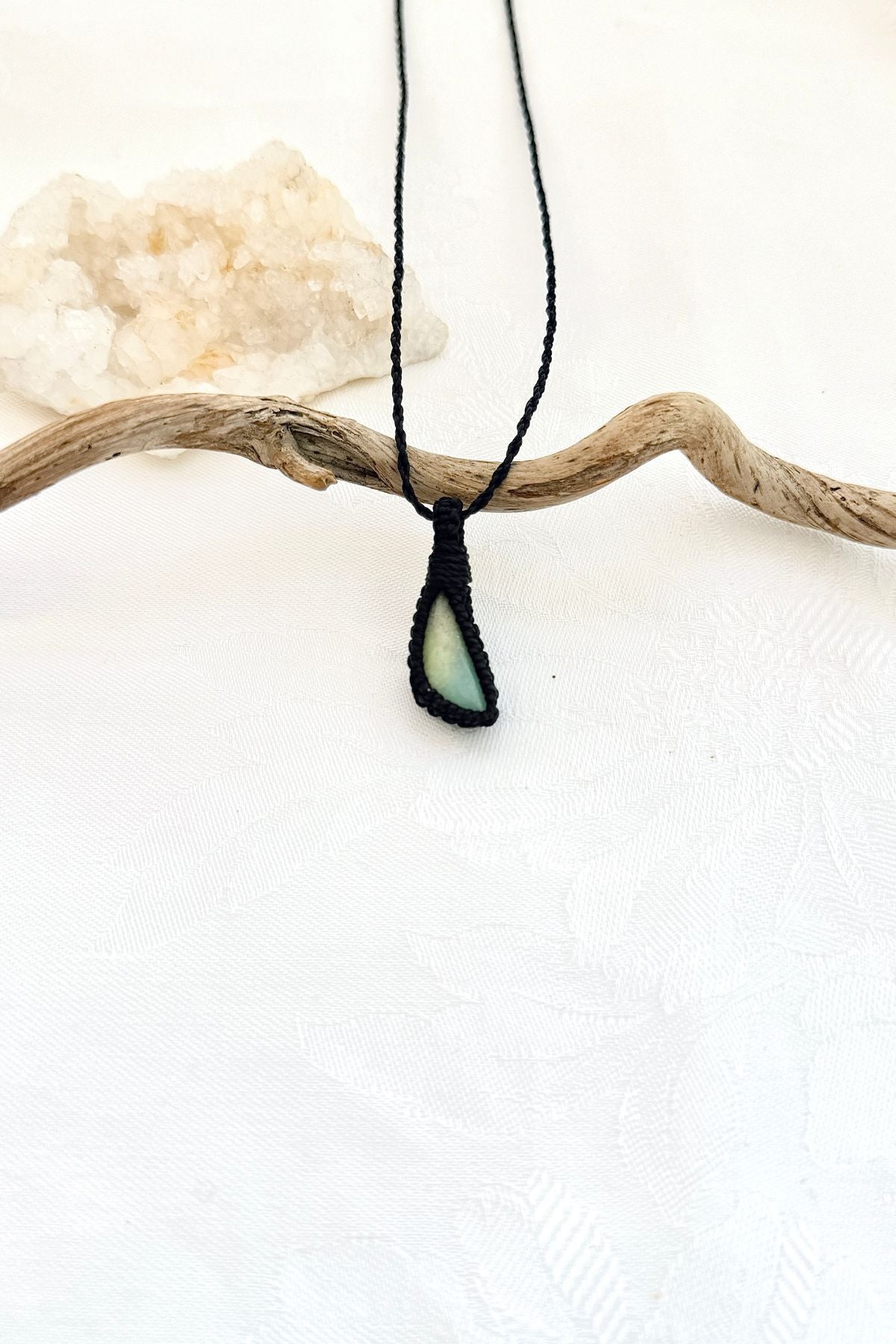 Handmade Chrysoprase macramé necklace, front view of natural gemstone pendant