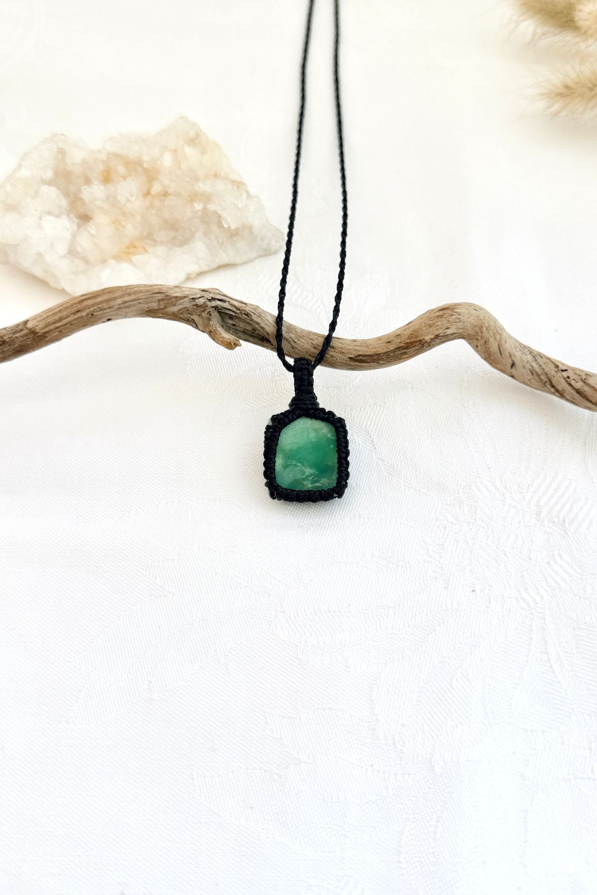 Handmade Chrysoprase macramé necklace, front view of natural gemstone pendant