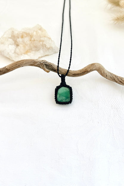 Handmade Chrysoprase macramé necklace, front view of natural gemstone pendant