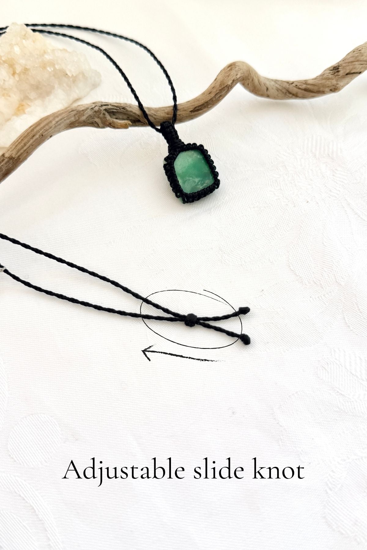 Handmade Chrysoprase macramé necklace with adjustable slide knot, versatile necklace sizing