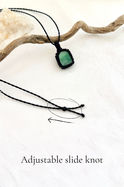 Handmade Chrysoprase macramé necklace with adjustable slide knot, versatile necklace sizing