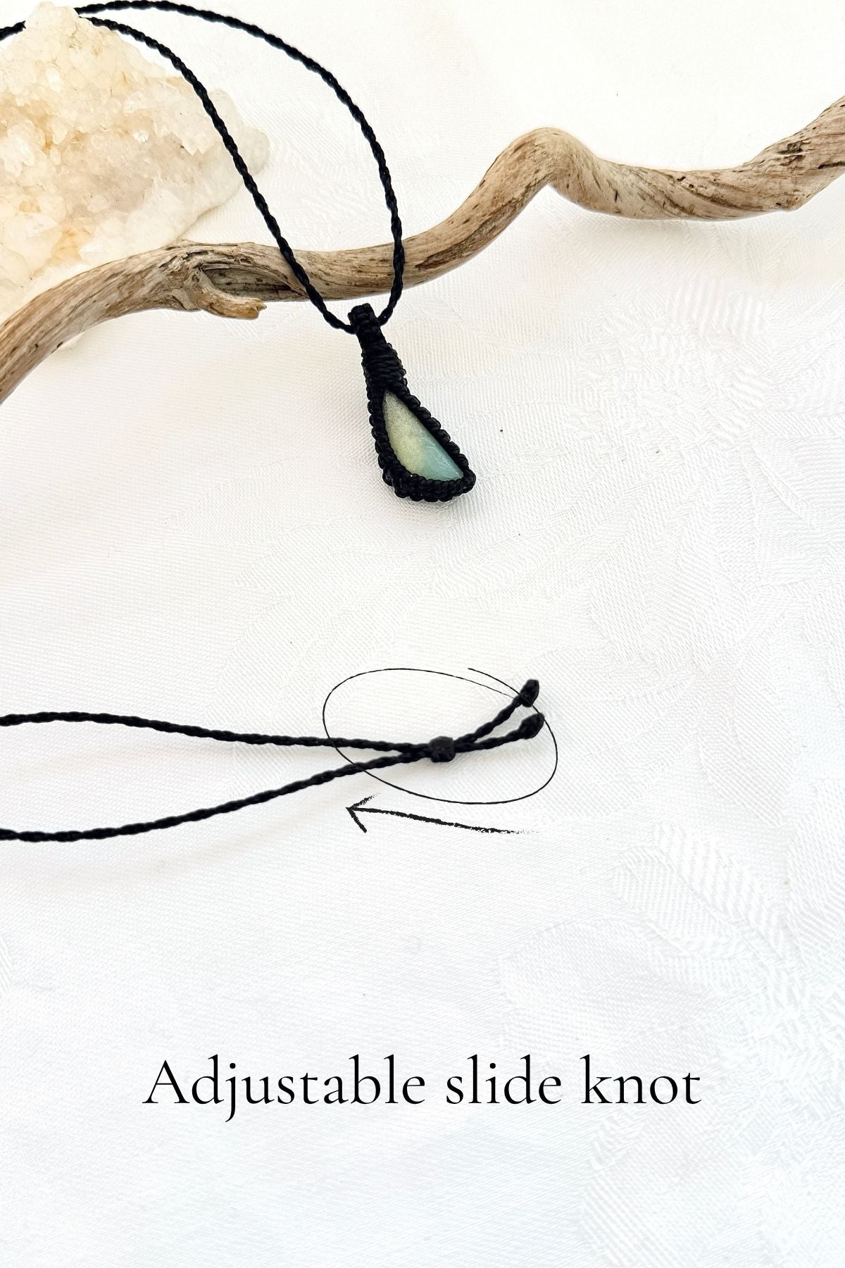 Handmade Chrysoprase macramé necklace with adjustable slide knot, versatile necklace sizing