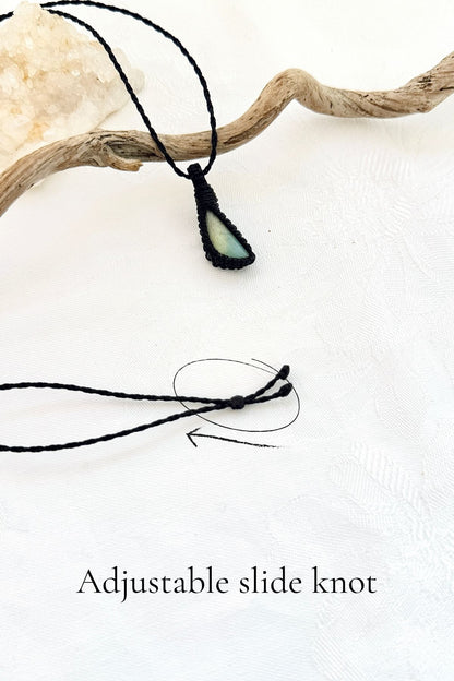 Handmade Chrysoprase macramé necklace with adjustable slide knot, versatile necklace sizing