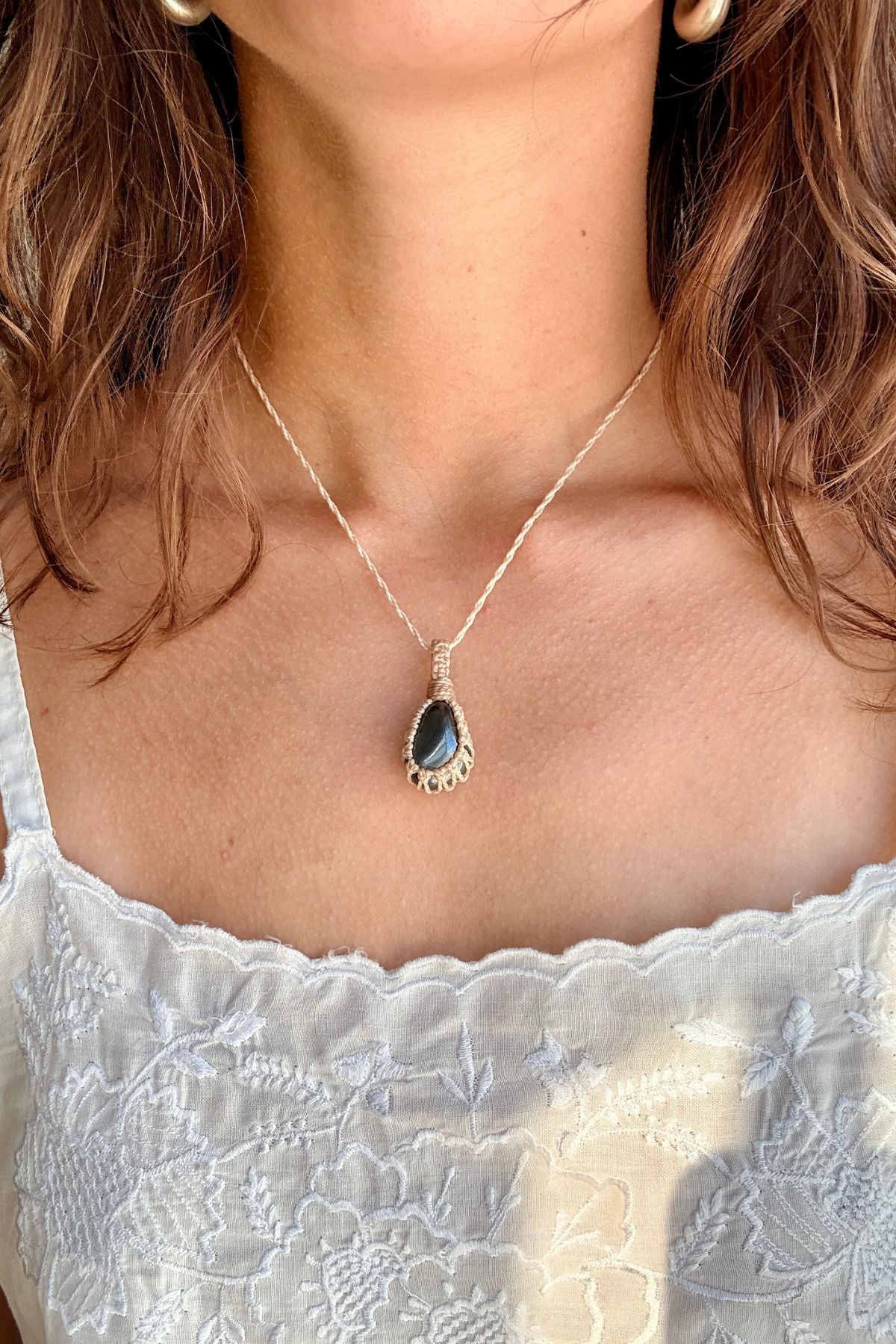 Model wearing a handmade Hematite macramé necklace, delicate everyday jewelry