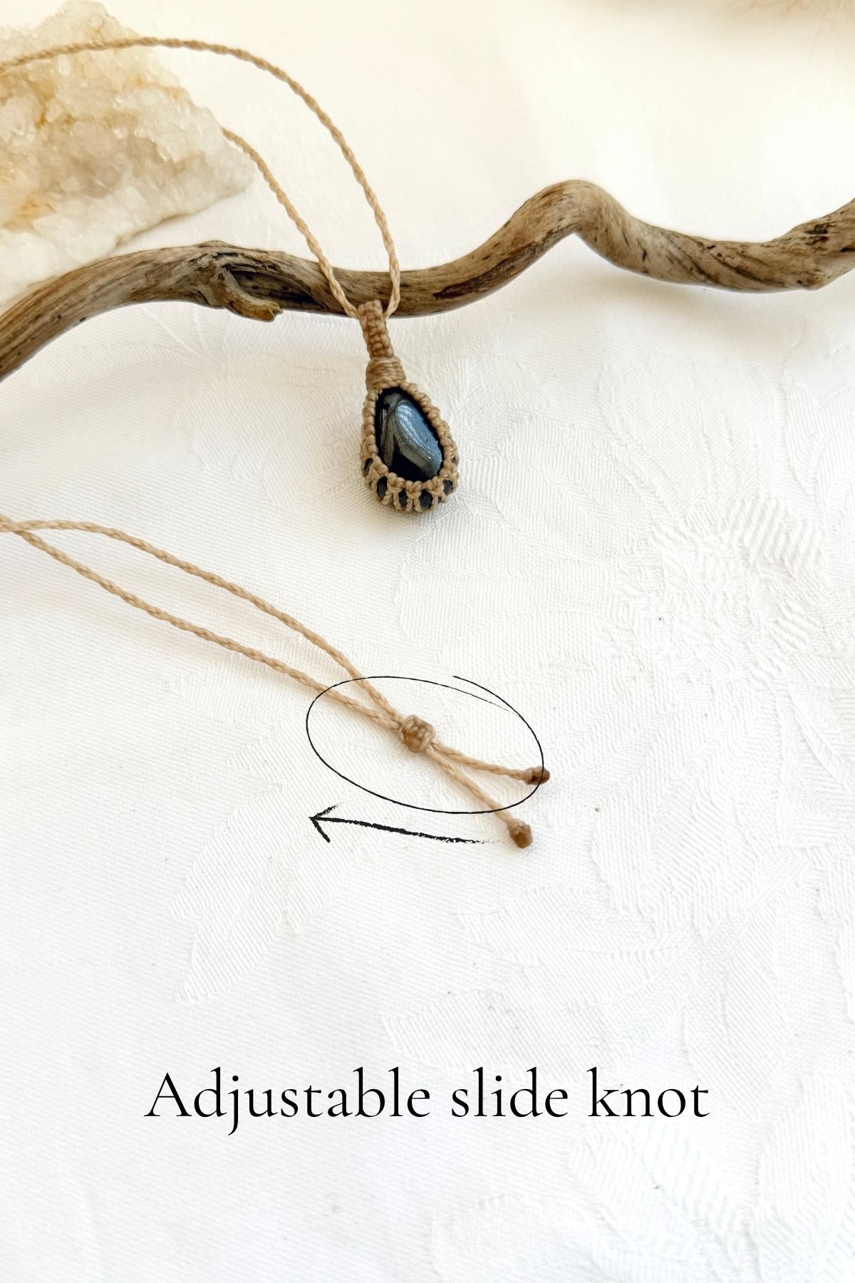 Handmade Hematite macramé necklace with adjustable slide knot, versatile necklace sizing