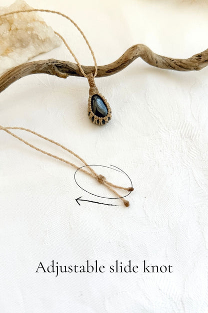 Handmade Hematite macramé necklace with adjustable slide knot, versatile necklace sizing