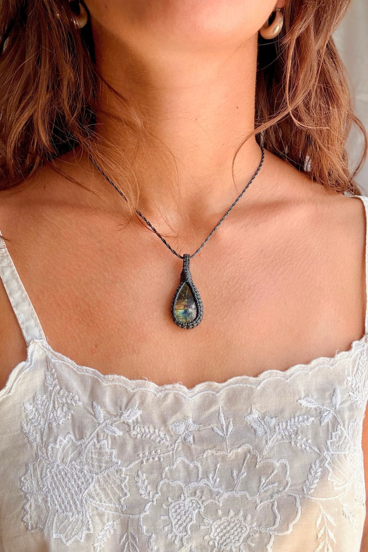 Model wearing a handmade Labradorite macramé necklace, delicate everyday jewelry