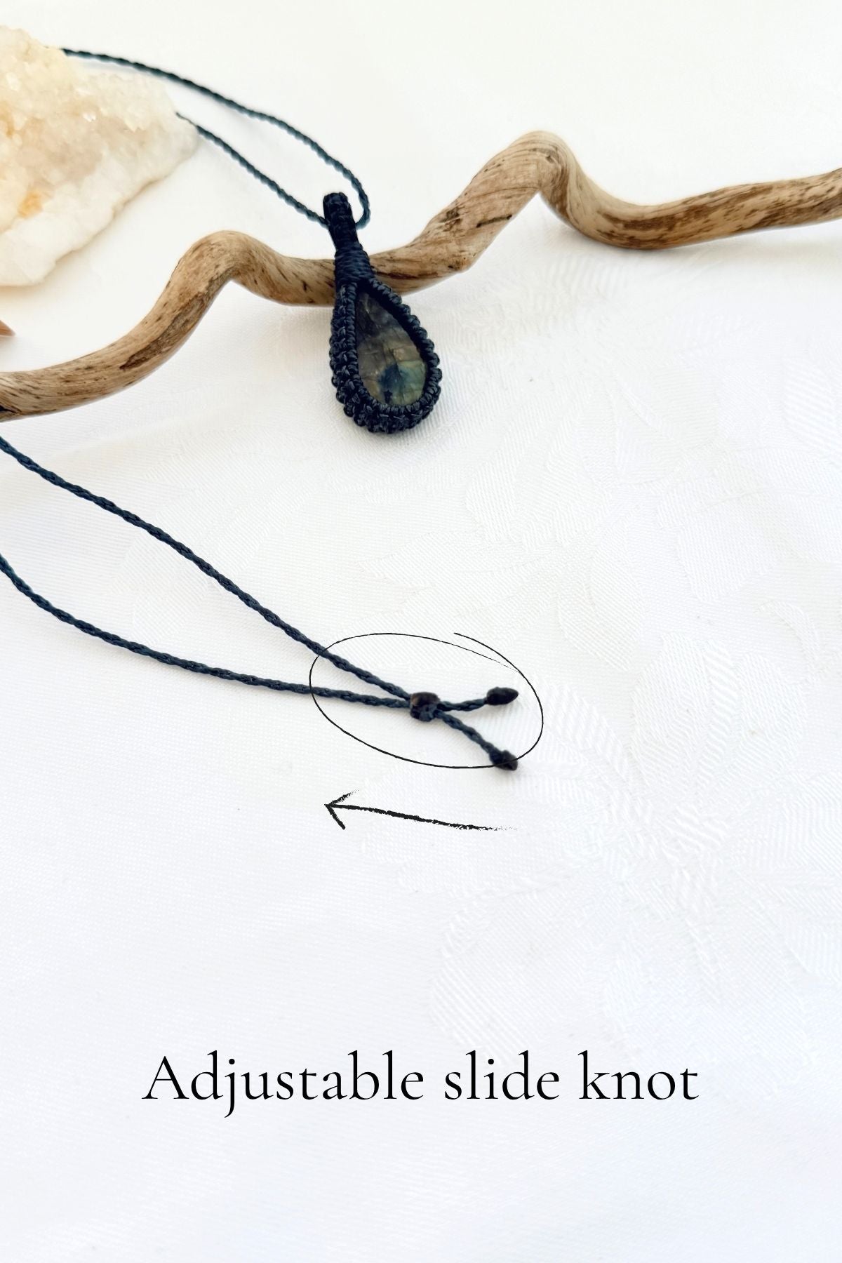 Handmade Labradorite macramé necklace with adjustable slide knot, versatile necklace sizing