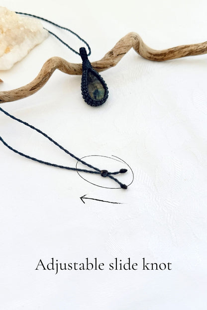 Handmade Labradorite macramé necklace with adjustable slide knot, versatile necklace sizing