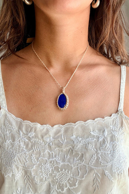 Model wearing a handmade Lapis Lazuli macramé necklace, delicate everyday jewelry