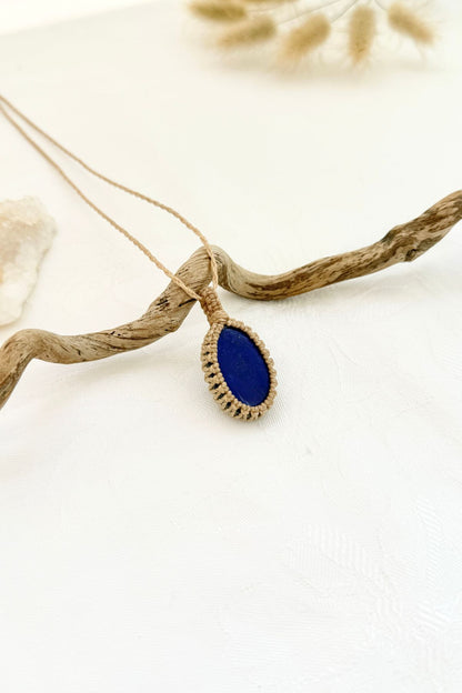 Handmade Lapis Lazuli macramé necklace, side view showing the gemstone and macramé knotting