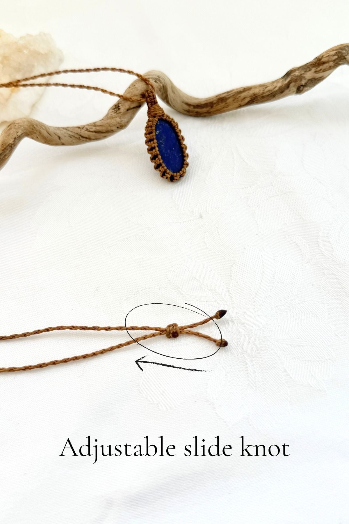 Handmade Lapis Lazuli macramé necklace with adjustable slide knot, versatile necklace sizing