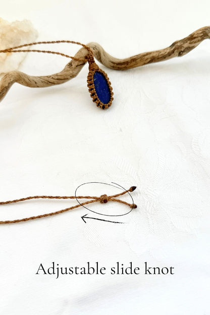 Handmade Lapis Lazuli macramé necklace with adjustable slide knot, versatile necklace sizing