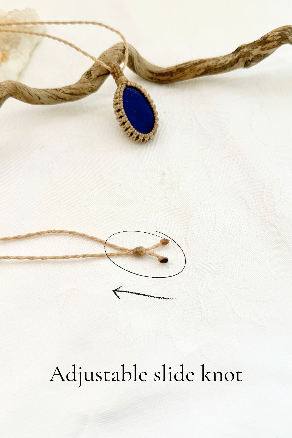 Handmade Lapis Lazuli macramé necklace with adjustable slide knot, versatile necklace sizing