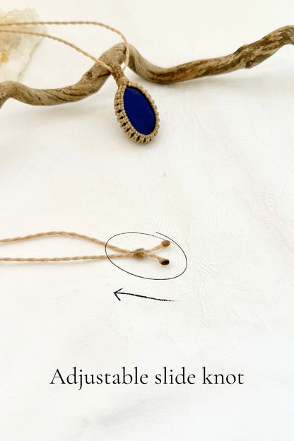 Handmade Lapis Lazuli macramé necklace with adjustable slide knot, versatile necklace sizing
